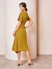 Lipsy Green Ruched Asymmetrical Flutter Sleeve Midi Dress - Image 2 of 4