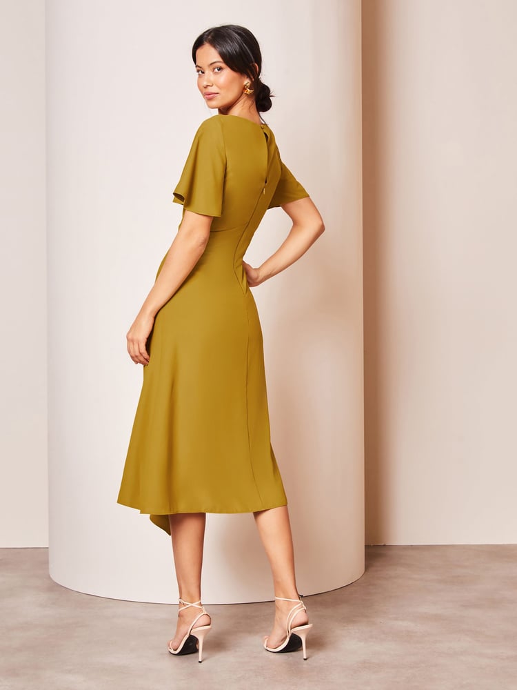 Lipsy Green Ruched Asymmetrical Flutter Sleeve Midi Dress - Image 2 of 4 Lipsy Green Ruched Asymmetrical Flutter Sleeve Midi Dress - Image 2 of 4
