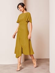 Lipsy Green Ruched Asymmetrical Flutter Sleeve Midi Dress - Image 3 of 4