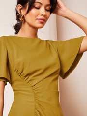 Lipsy Green Ruched Asymmetrical Flutter Sleeve Midi Dress - Image 4 of 4