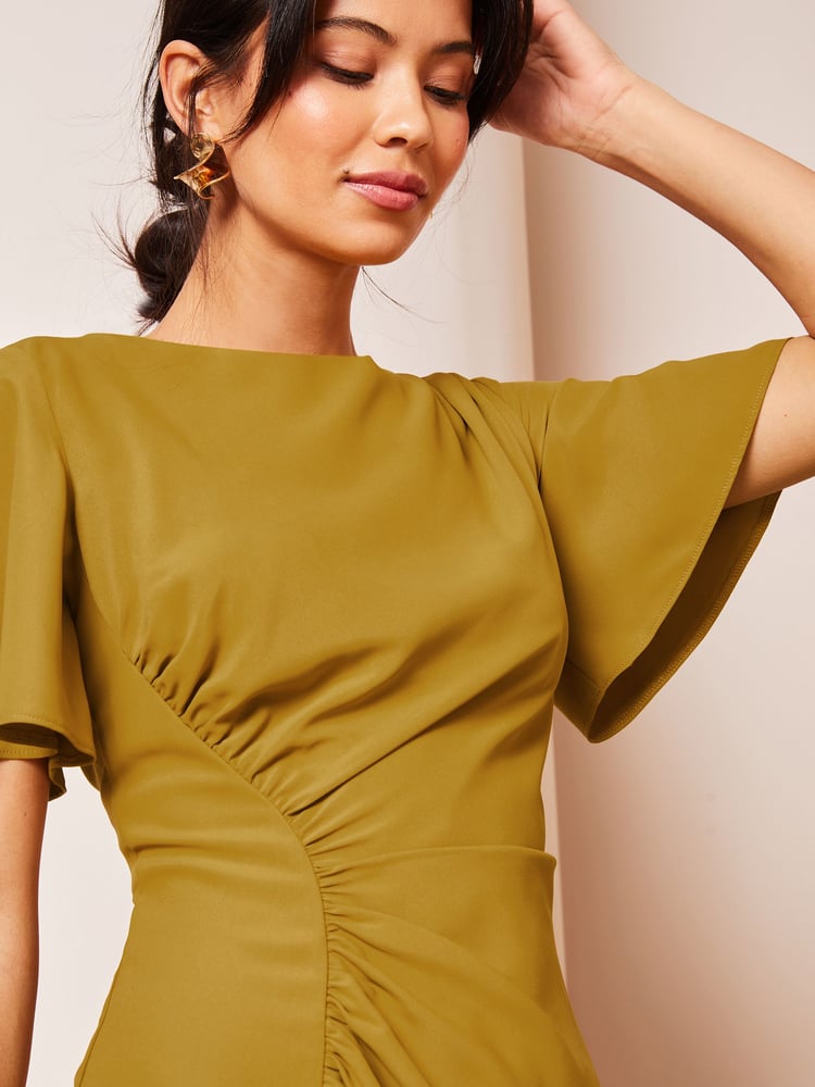 Lipsy Green Ruched Asymmetrical Flutter Sleeve Midi Dress - Image 4 of 4 Lipsy Green Ruched Asymmetrical Flutter Sleeve Midi Dress - Image 4 of 4
