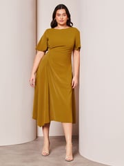 Lipsy Green Curve Ruched Asymmetrical Flutter Sleeve Midi Dress - Image 1 of 4