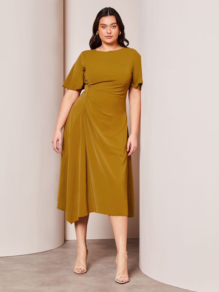 Lipsy Green Curve Ruched Asymmetrical Flutter Sleeve Midi Dress - Image 1 of 4 Lipsy Green Curve Ruched Asymmetrical Flutter Sleeve Midi Dress - Image 1 of 4