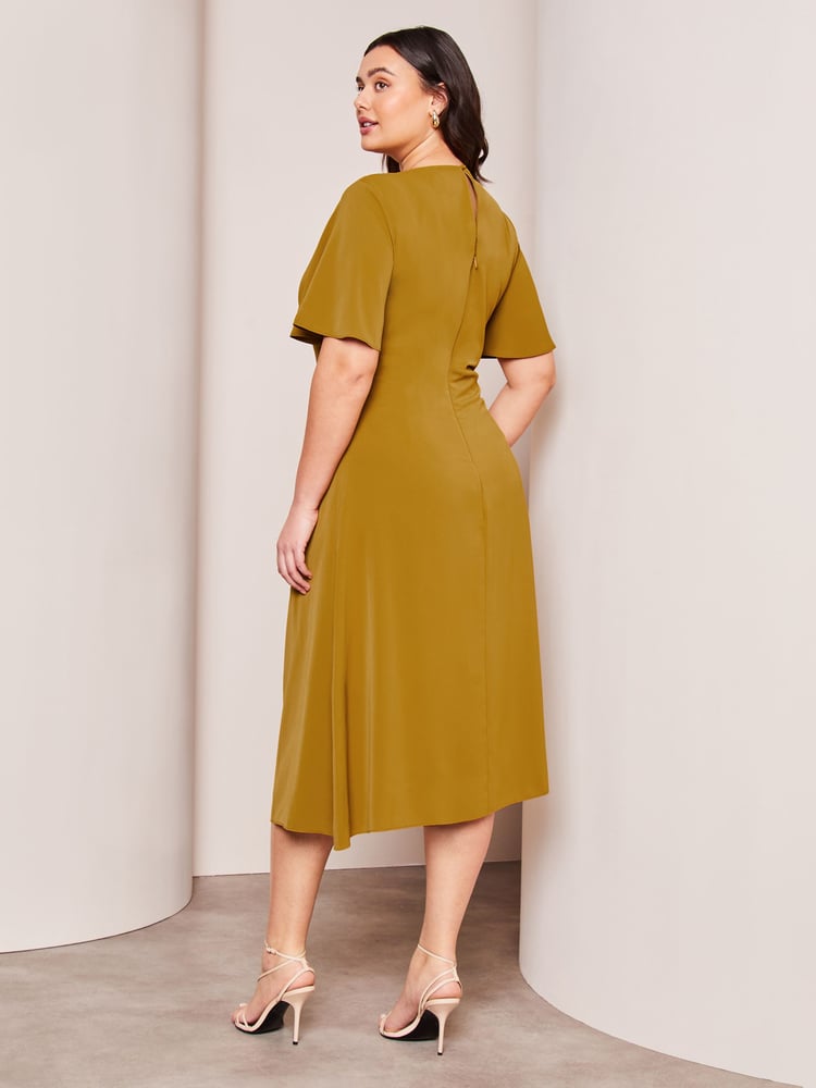 Lipsy Green Curve Ruched Asymmetrical Flutter Sleeve Midi Dress - Image 2 of 4 Lipsy Green Curve Ruched Asymmetrical Flutter Sleeve Midi Dress - Image 2 of 4