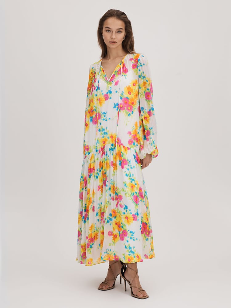 Florere Printed Tie Neck Midi Dress - Image 1 of 6