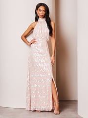 Lipsy Blush Pink Bridesmaid Halter Metallic Split Maxi Dress - Image 1 of 4