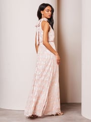 Lipsy Blush Pink Bridesmaid Halter Metallic Split Maxi Dress - Image 2 of 4