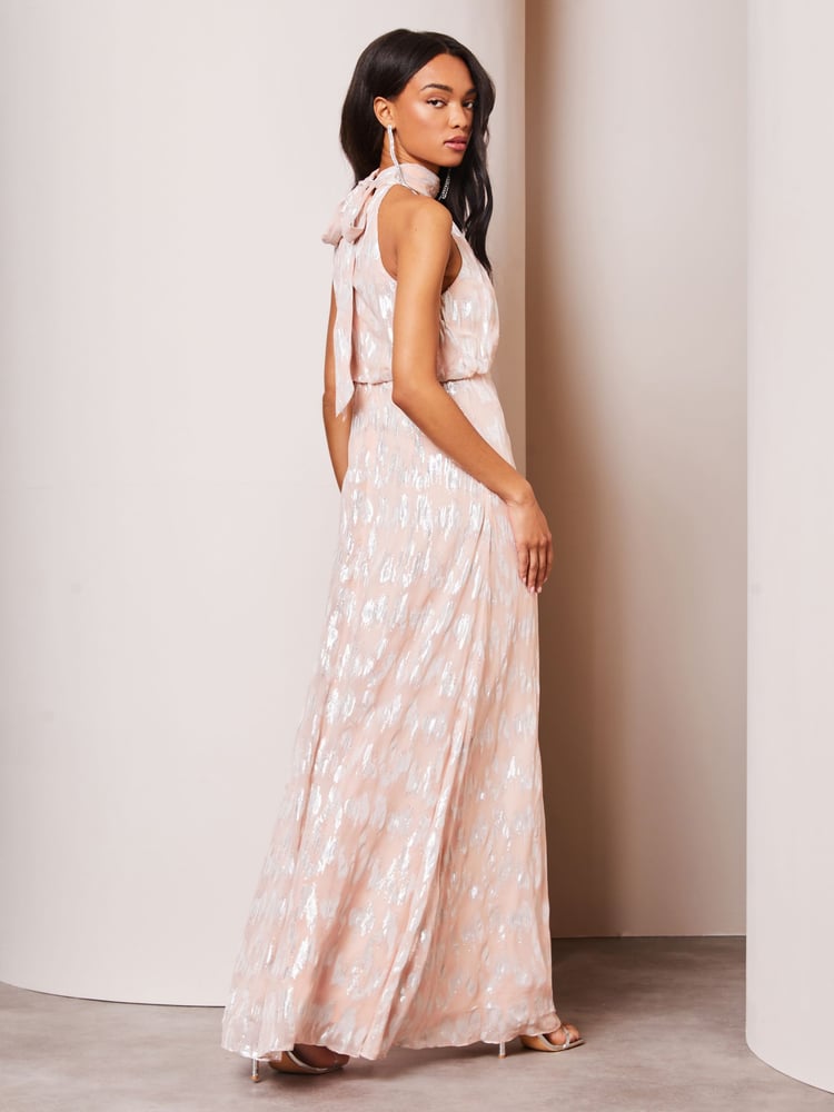 Lipsy Blush Pink Bridesmaid Halter Metallic Split Maxi Dress - Image 2 of 4