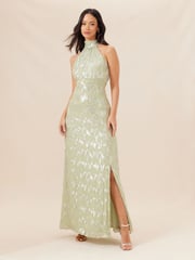 Lipsy Sage Green Bridesmaid Halter Metallic Split Maxi Dress - Image 1 of 4