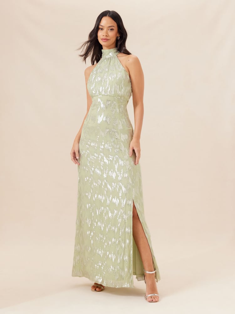 Lipsy Sage Green Bridesmaid Halter Metallic Split Maxi Dress - Image 1 of 4 Lipsy Sage Green Bridesmaid Halter Metallic Split Maxi Dress - Image 1 of 4