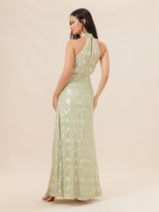 Lipsy Sage Green Bridesmaid Halter Metallic Split Maxi Dress - Image 3 of 4