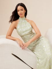 Lipsy Sage Green Bridesmaid Halter Metallic Split Maxi Dress - Image 4 of 4