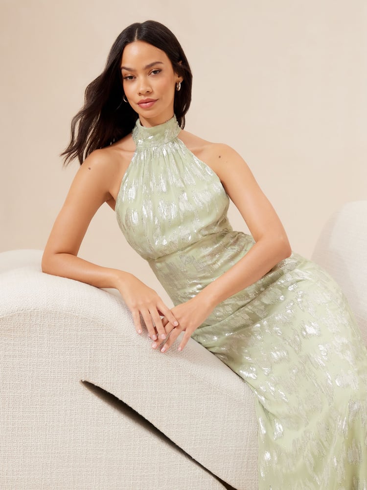 Lipsy Sage Green Bridesmaid Halter Metallic Split Maxi Dress - Image 4 of 4 Lipsy Sage Green Bridesmaid Halter Metallic Split Maxi Dress - Image 4 of 4