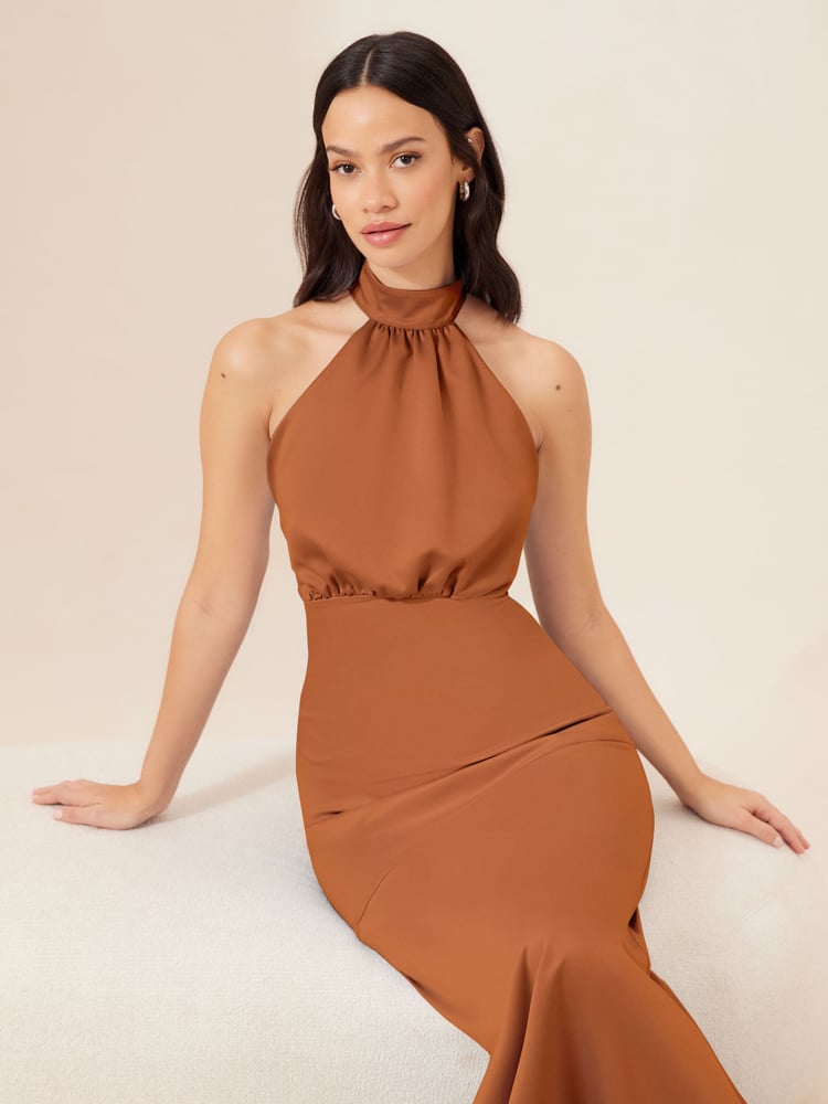 Lipsy Rust Brown Halter Neck Empire Bridesmaid Satin Maxi Dress - Image 1 of 4 Lipsy Rust Brown Halter Neck Empire Bridesmaid Satin Maxi Dress - Image 1 of 4