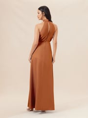 Lipsy Rust Brown Halter Neck Empire Bridesmaid Satin Maxi Dress - Image 2 of 4