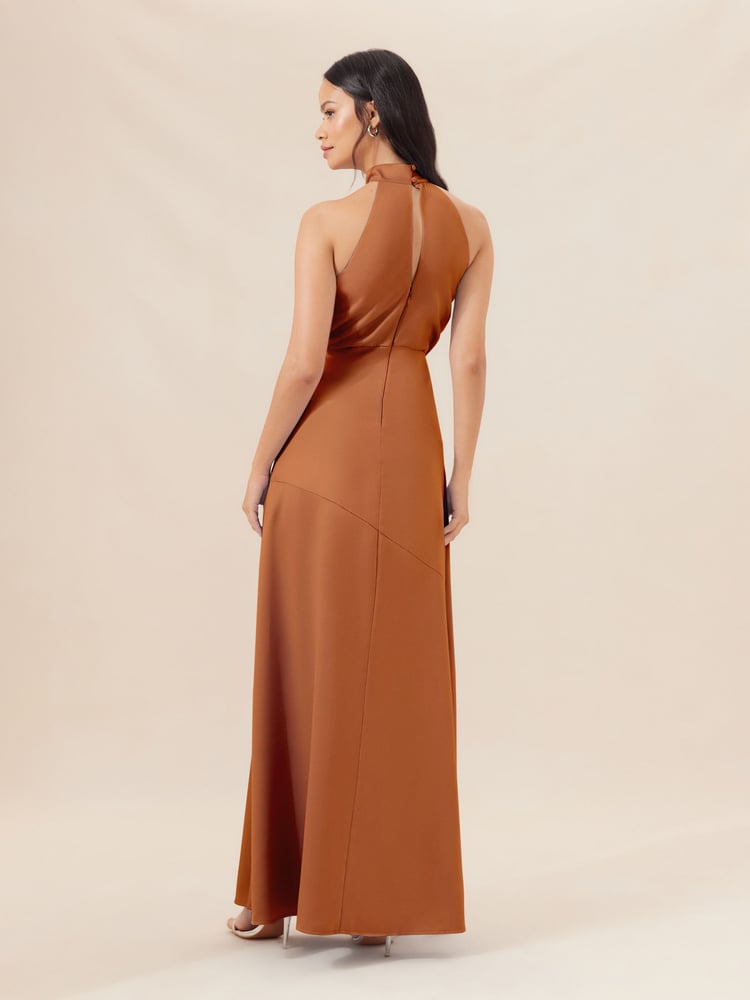 Lipsy Rust Brown Halter Neck Empire Bridesmaid Satin Maxi Dress - Image 2 of 4