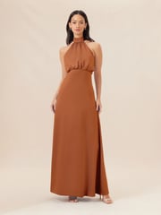 Lipsy Rust Brown Halter Neck Empire Bridesmaid Satin Maxi Dress - Image 3 of 4