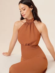 Lipsy Rust Brown Halter Neck Empire Bridesmaid Satin Maxi Dress - Image 4 of 4