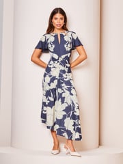 Lipsy Navy Floral Ruched Front Keyhole Cut Out Asymmetrical Midi Dress - Image 1 of 4
