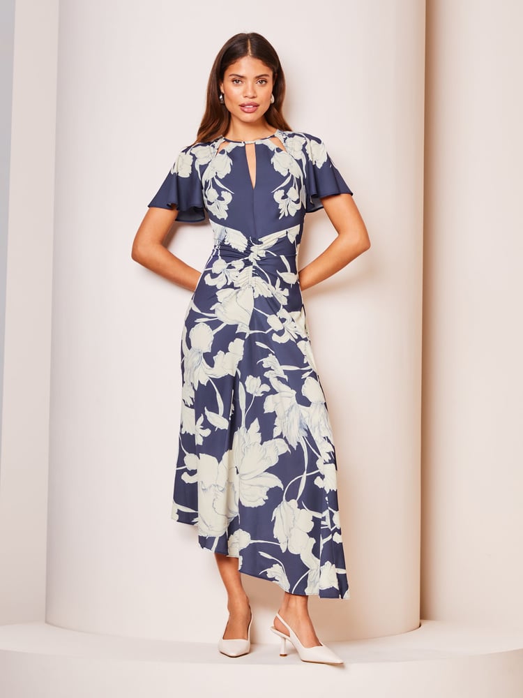 Lipsy Navy Floral Ruched Front Keyhole Cut Out Asymmetrical Midi Dress - Image 1 of 4 Lipsy Navy Floral Ruched Front Keyhole Cut Out Asymmetrical Midi Dress - Image 1 of 4