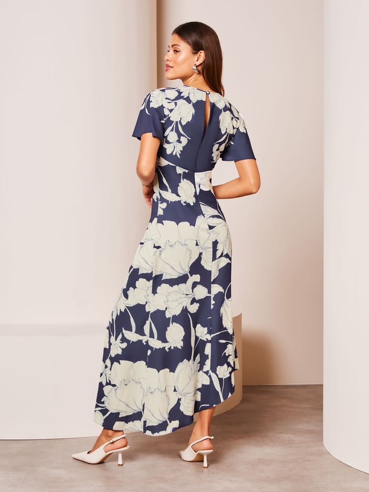 Lipsy Navy Floral Ruched Front Keyhole Cut Out Asymmetrical Midi Dress - Image 2 of 4 Lipsy Navy Floral Ruched Front Keyhole Cut Out Asymmetrical Midi Dress - Image 2 of 4