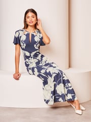 Lipsy Navy Floral Ruched Front Keyhole Cut Out Asymmetrical Midi Dress - Image 3 of 4