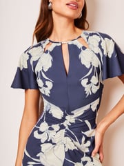 Lipsy Navy Floral Ruched Front Keyhole Cut Out Asymmetrical Midi Dress - Image 4 of 4