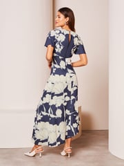 Lipsy Navy Blue Petite Ruched Front Keyhole Cut Out Asymmetrical Midi Dress - Image 2 of 4
