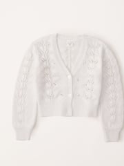 Abercrombie & Fitch Cream Textured Pointelle Cropped V-Neck Knitted Cardigan - Image 1 of 2