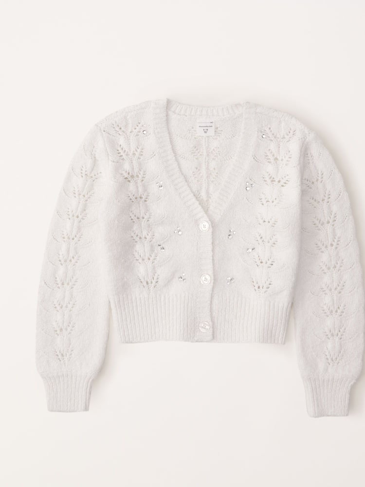 Abercrombie & Fitch Cream Textured Pointelle Cropped V-Neck Knitted Cardigan - Image 1 of 2