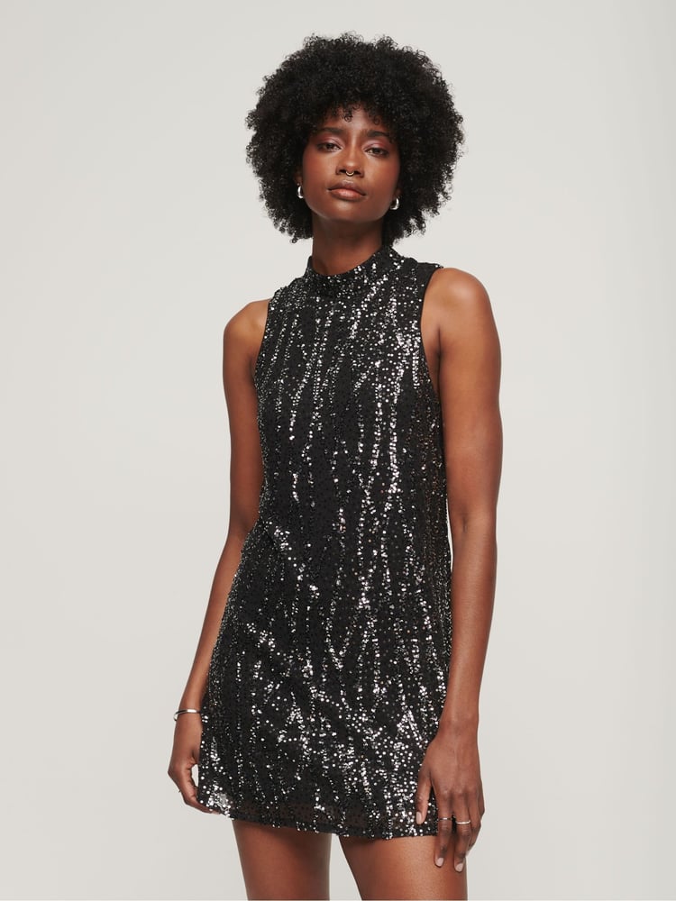 Superdry Black Sleeveless Sequin A Line Mini Dress - Image 1 of 3
