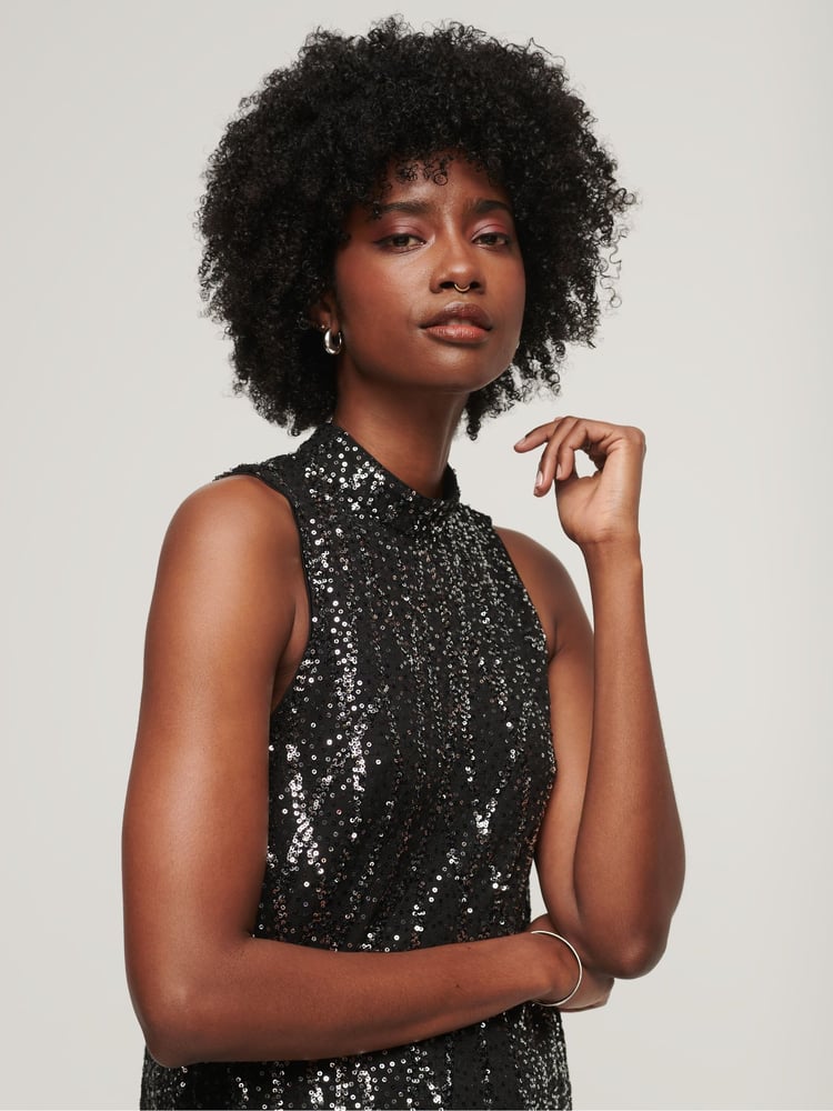 Superdry Black Sleeveless Sequin A Line Mini Dress - Image 2 of 3