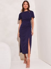 Lipsy Navy Ruched Button Front Sleeved Midi Dress - Image 1 of 4