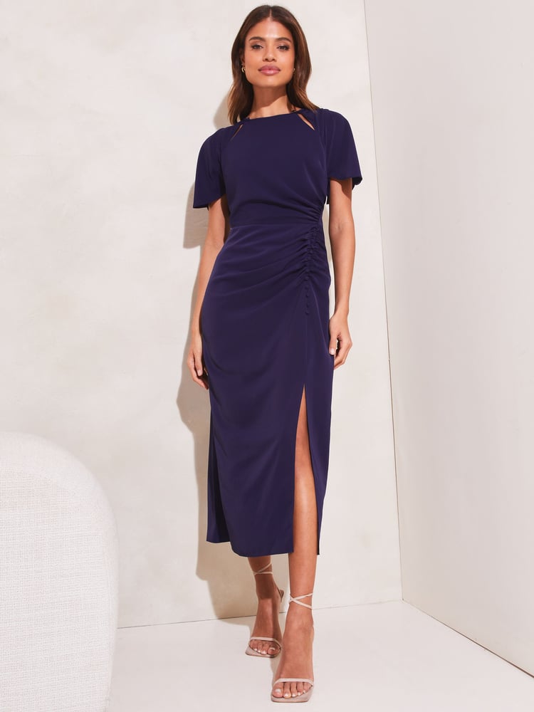 Lipsy Navy Ruched Button Front Sleeved Midi Dress - Image 1 of 4