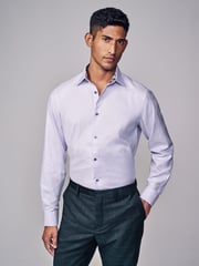 Lilac Purple Regular Fit Signature Trimmed Premium Long Sleeve Single Cuff 100% Cotton Shirt - Image 4 of 9