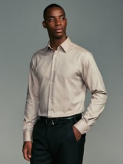 Neutral Brown Slim Fit Textured Long Sleeve Single Cuff 100% Cotton Shirt' - Image 1 of 9