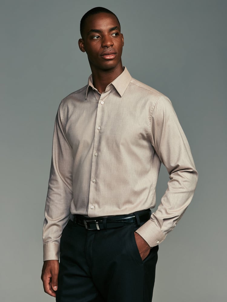 Neutral Brown Slim Fit Textured Long Sleeve Single Cuff 100% Cotton Shirt' - Image 1 of 9