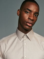 Neutral Brown Slim Fit Textured Long Sleeve Single Cuff 100% Cotton Shirt' - Image 4 of 9