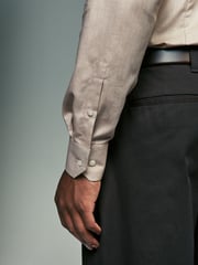 Neutral Brown Slim Fit Textured Long Sleeve Single Cuff 100% Cotton Shirt' - Image 6 of 9