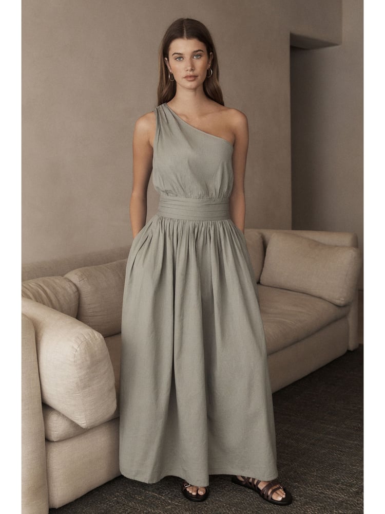 Green Premium One Shoulder Midi Dress With Linen - Image 1 of 6