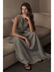 Green Premium One Shoulder Midi Dress With Linen - Image 2 of 6
