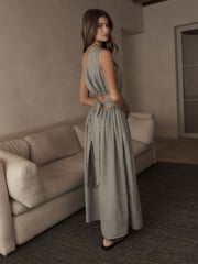 Green Premium One Shoulder Midi Dress With Linen - Image 3 of 6