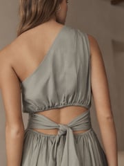 Green Premium One Shoulder Midi Dress With Linen - Image 4 of 6