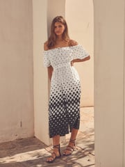 White/Black Off Shoulder Wide Leg Jumpsuit - Image 1 of 6