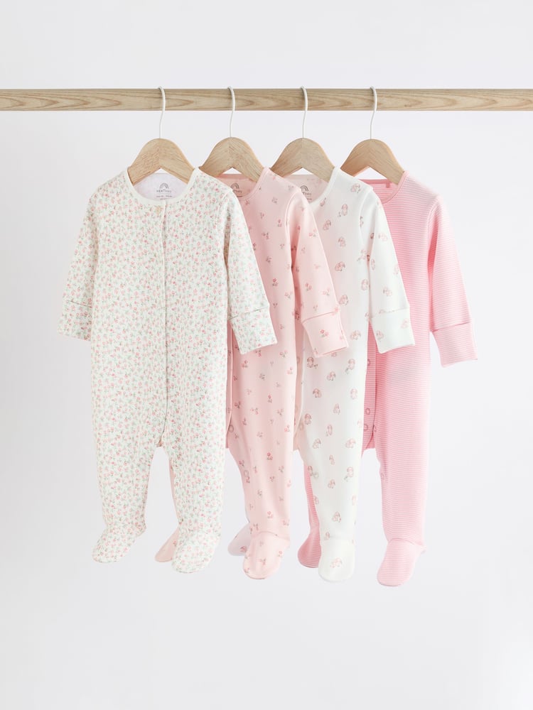Pink 4 Pack Baby 100% Cotton Sleepsuits (0-2yrs) - Image 1 of 13