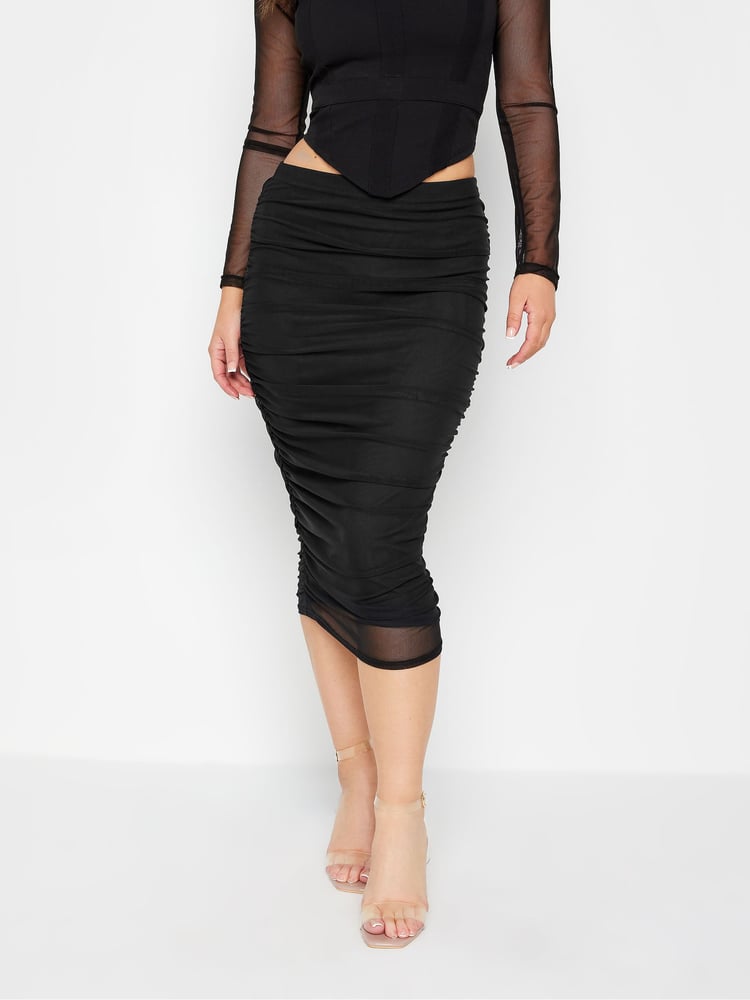 PixieGirl Petite Black Chrome Mesh Ruched Midi Skirt - Image 1 of 5