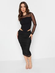 PixieGirl Petite Black Chrome Mesh Ruched Midi Skirt - Image 3 of 5