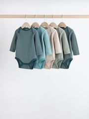 Blue Stripe Long Sleeve Baby Bodysuits 5 Pack - Image 1 of 13