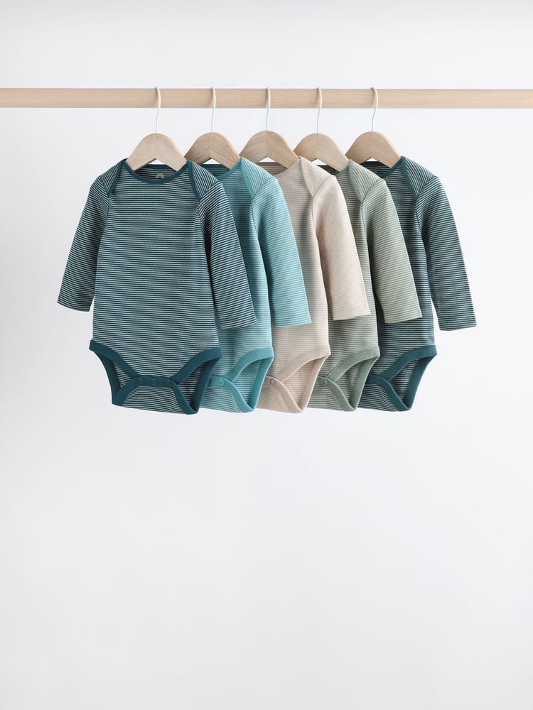 Blue Stripe Long Sleeve Baby Bodysuits 5 Pack - Image 1 of 13