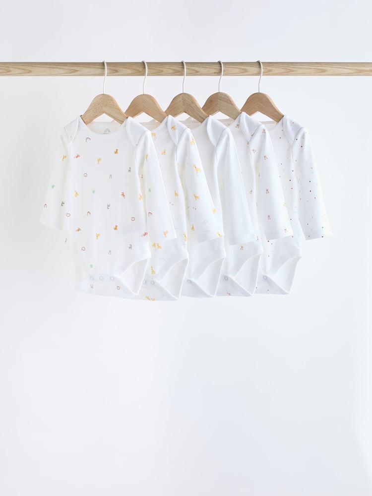 White 5 Pack Long Sleeve 100% Cotton Baby Bodysuits - Image 1 of 7